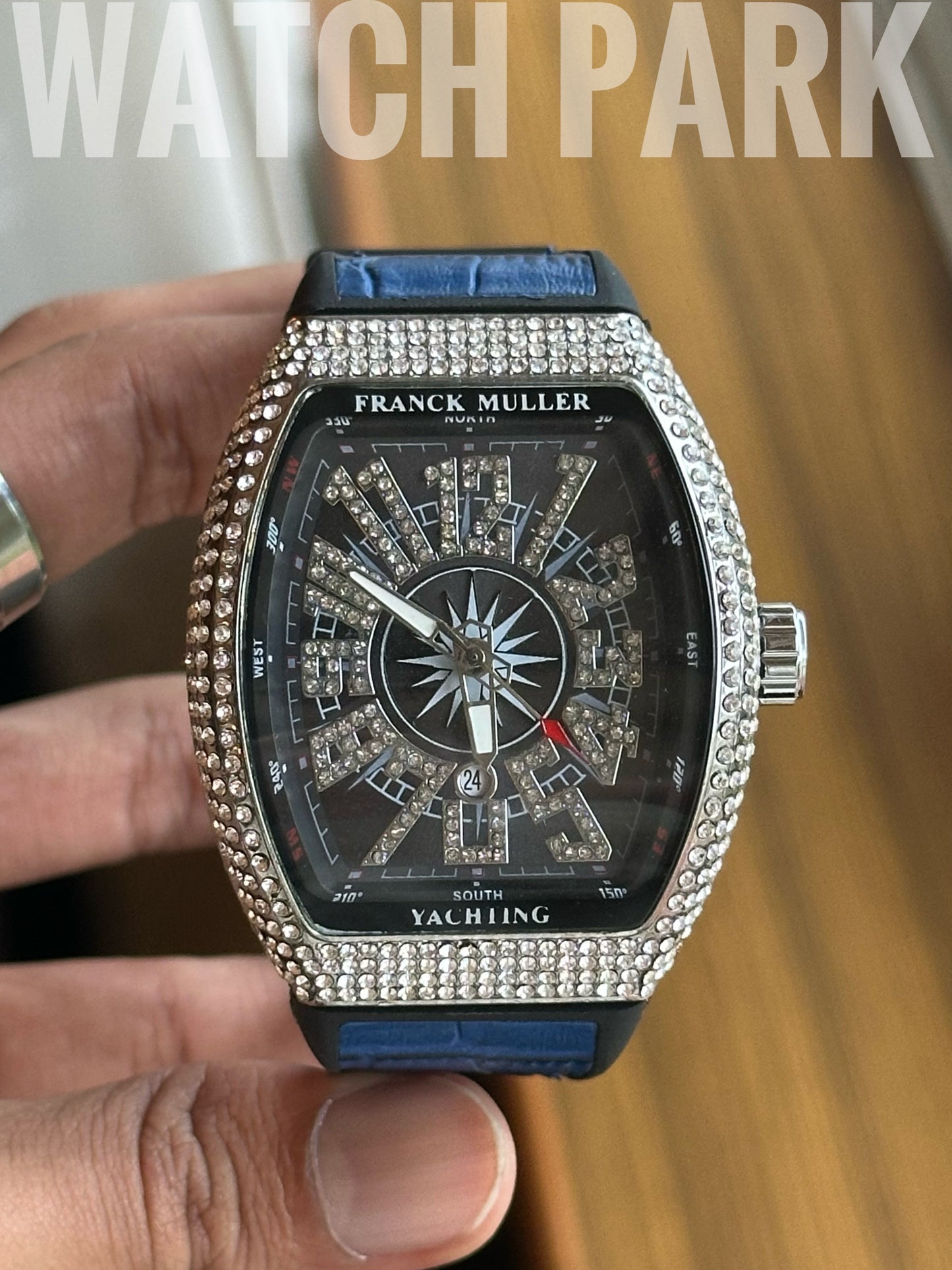 Franck Muller Vanguard Yachting - Diamond Encrusted - Blue strap - Silver stone