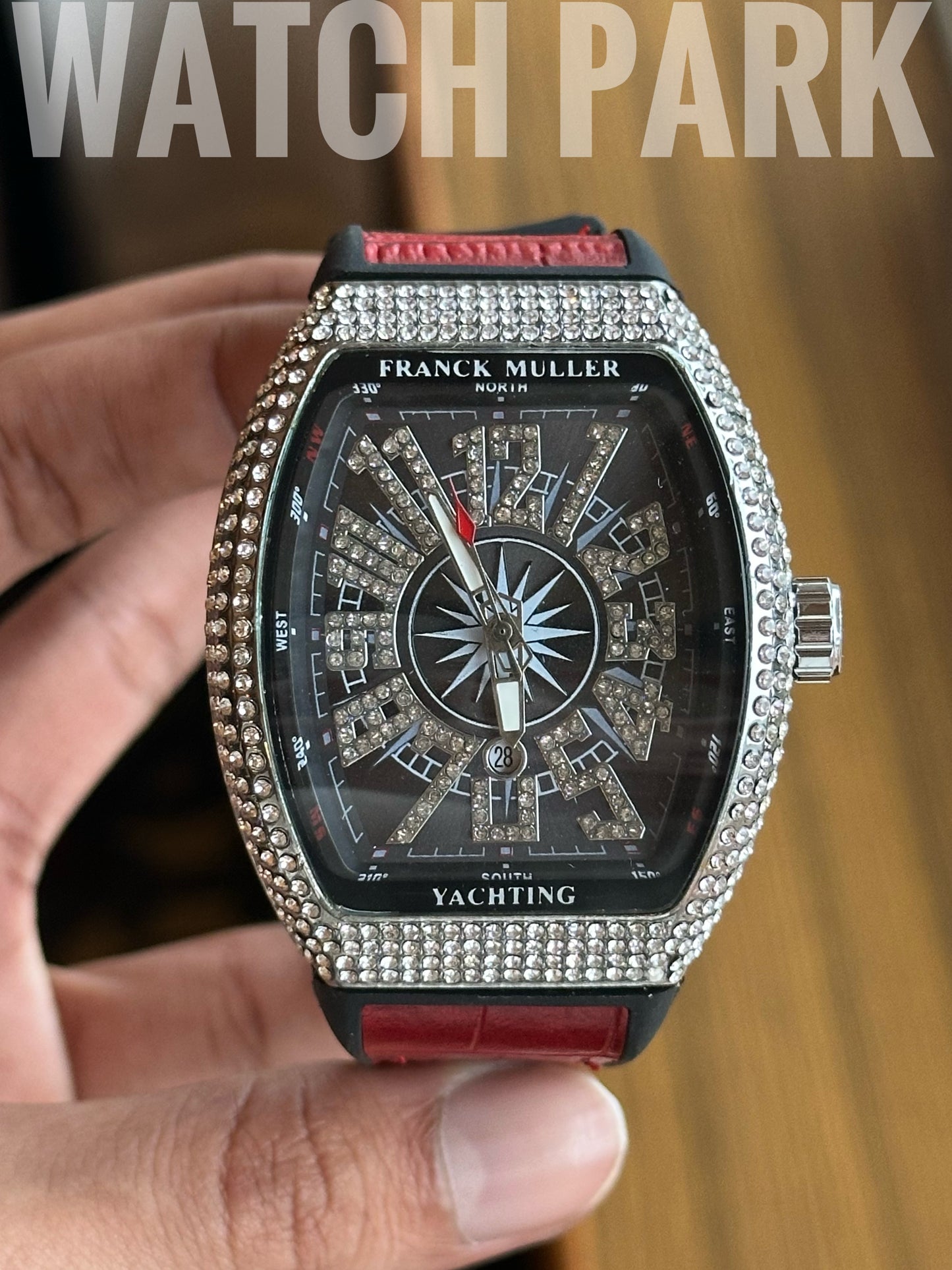 Franck Muller Vanguard Yachting - Diamond Encrusted - Red strap - Silver stone