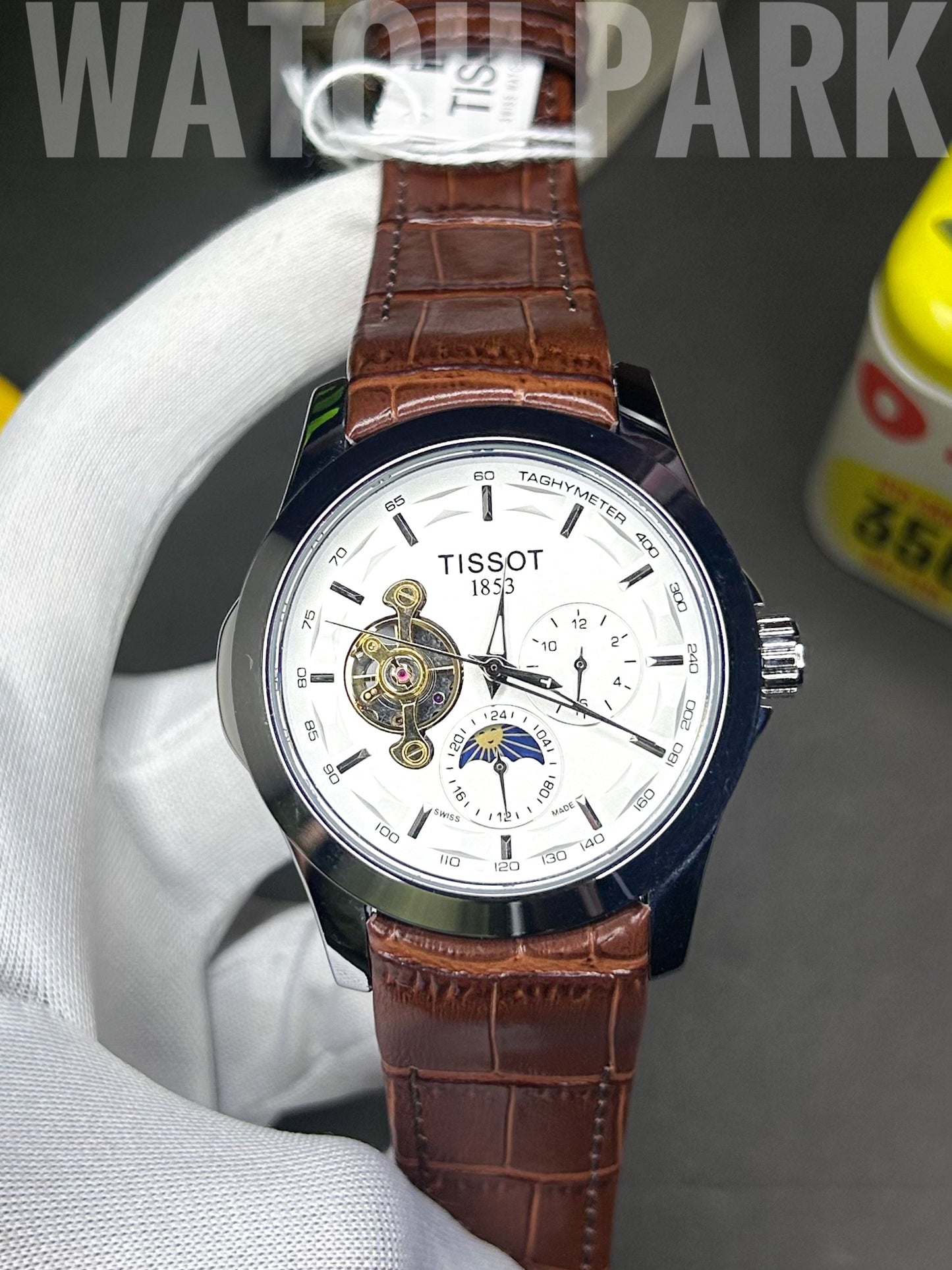 Executive watch - Tissot - White edition - Automatic skeleton - Brown belt