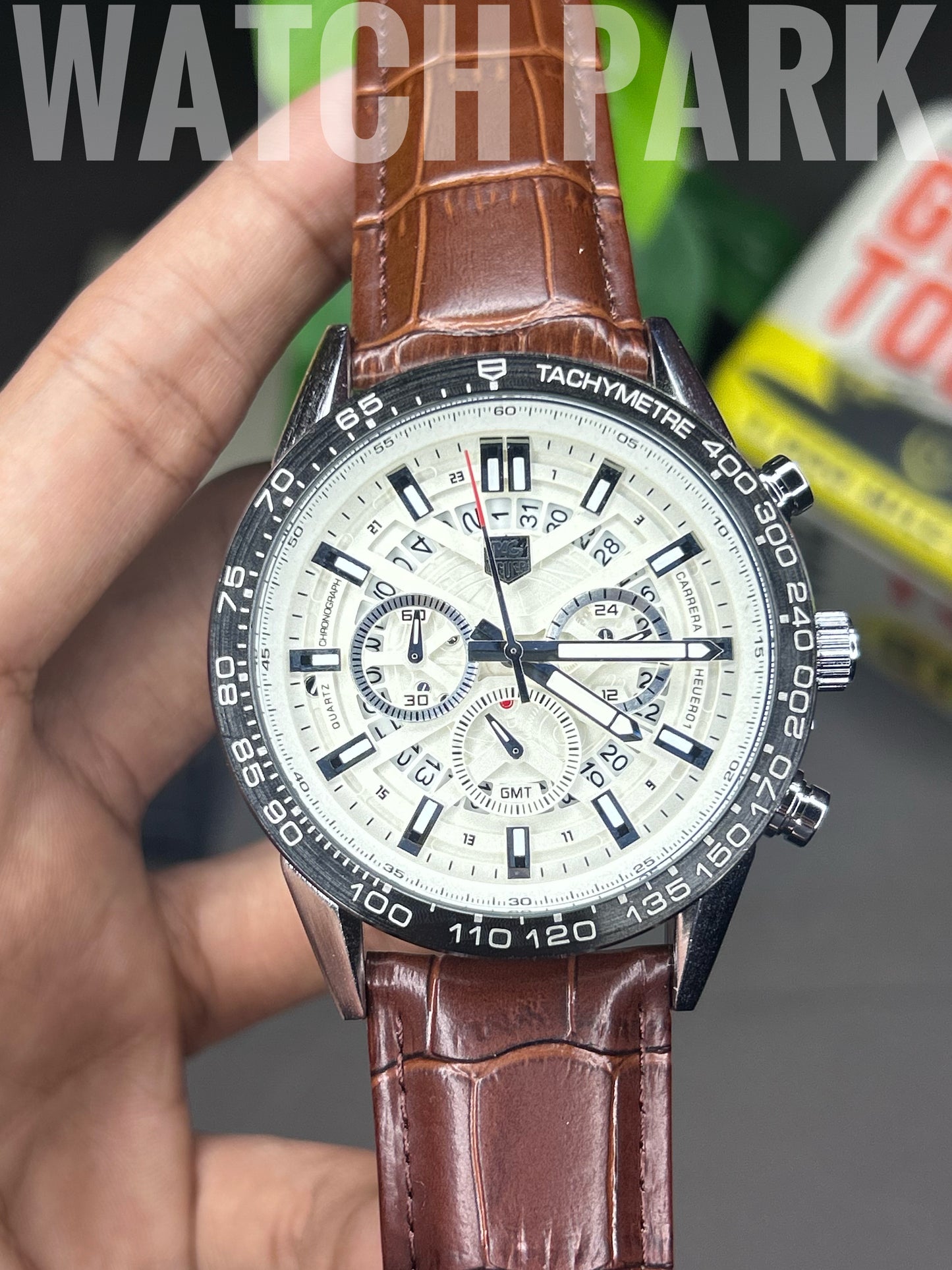 TAG Heuer Carrera Chronograph - White dial - Silver sub dial - Brown belt
