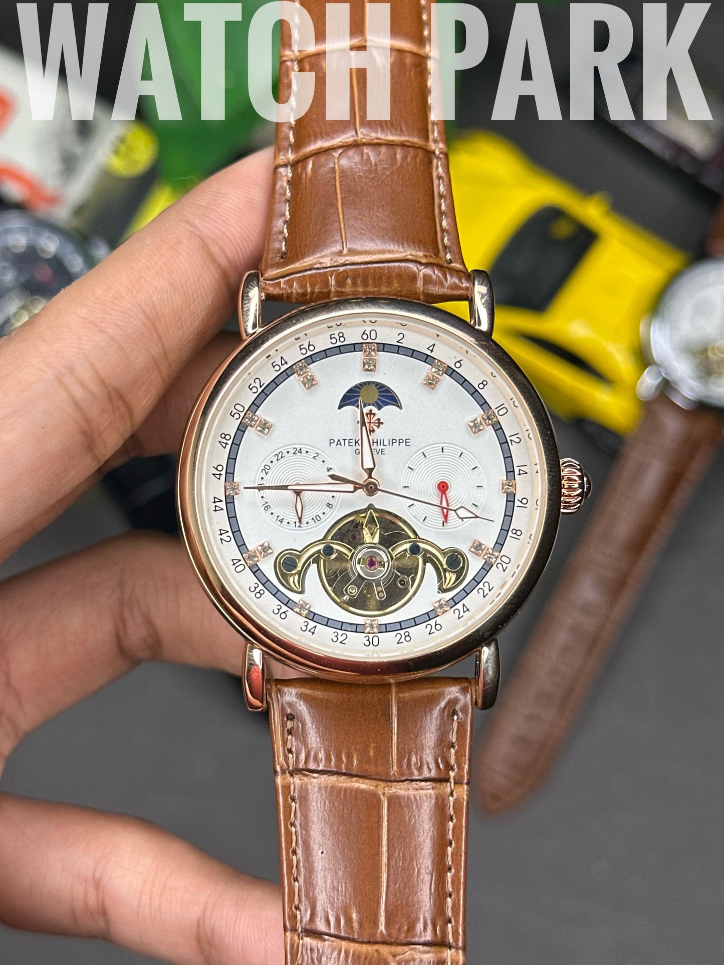 Rich Watch - Patek Philippe - Moonphase - White dial & Rose Gold - Brown belt