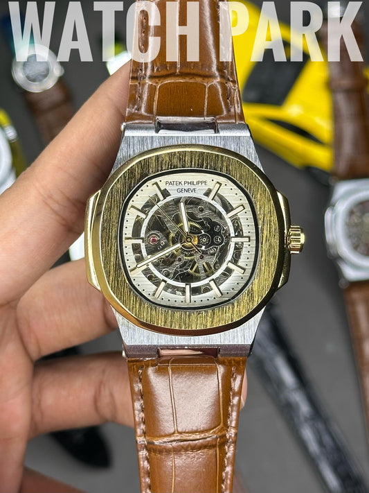 Patek Philippe Nautilus Skeleton - White with Gold edition - Brown belt - Automatic
