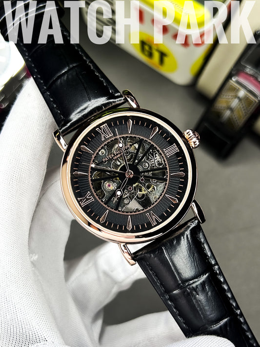 Executive watch - Patek - Automatic - Skeleton - Black edition & Rose Gold - Black belt