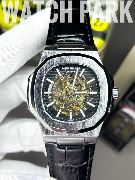 Patek Philippe - Skeleton Nautilus -  Black silver edition - Brown belt