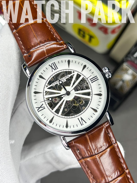Executive watch - Patek - Automatic - Skeleton - White edition & Silver - Brown belt