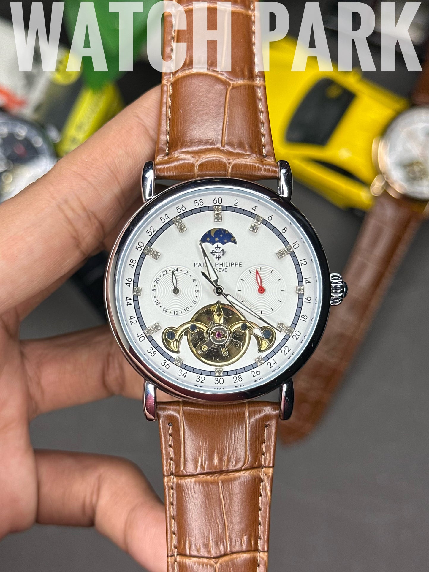 Rich Watch - Patek Philippe - Moonphase - White dial & Silver - Brown belt