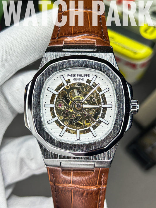 Patek Philippe - Skeleton Nautilus - White silver edition - Brown belt