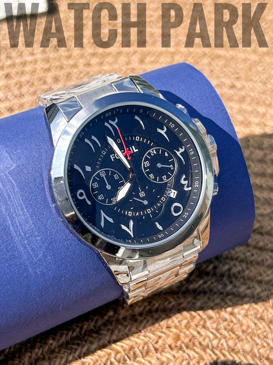Elegant Watch - Fossil Arabic - Chronograph - Black dial Edition - Silver chain