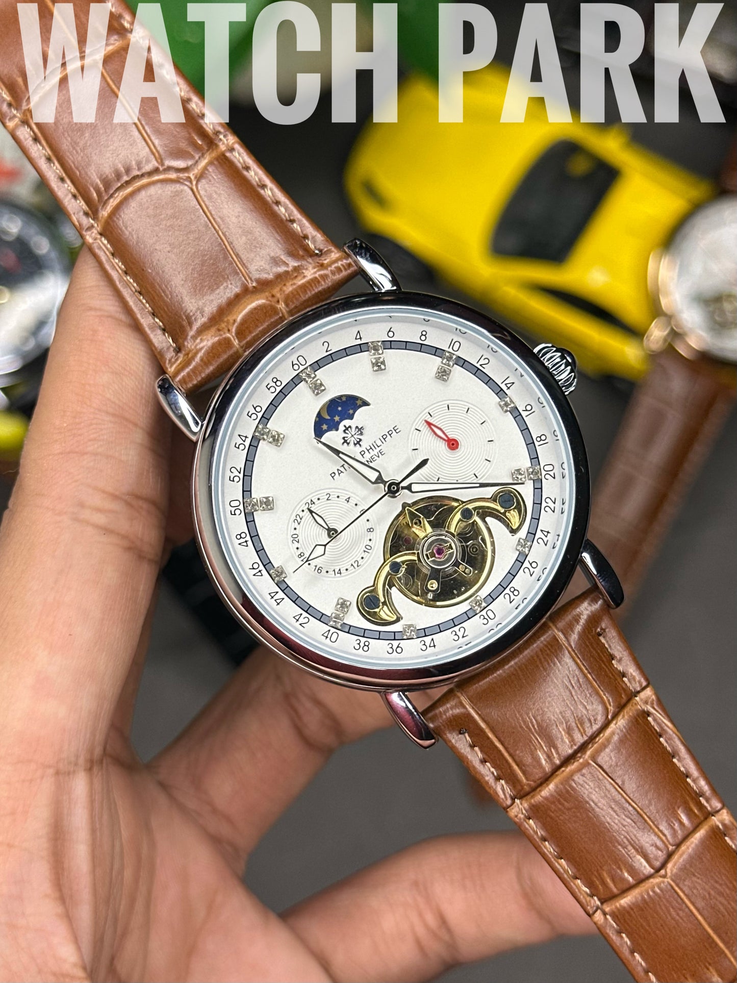 Rich Watch - Patek Philippe - Moonphase - White dial & Silver - Brown belt