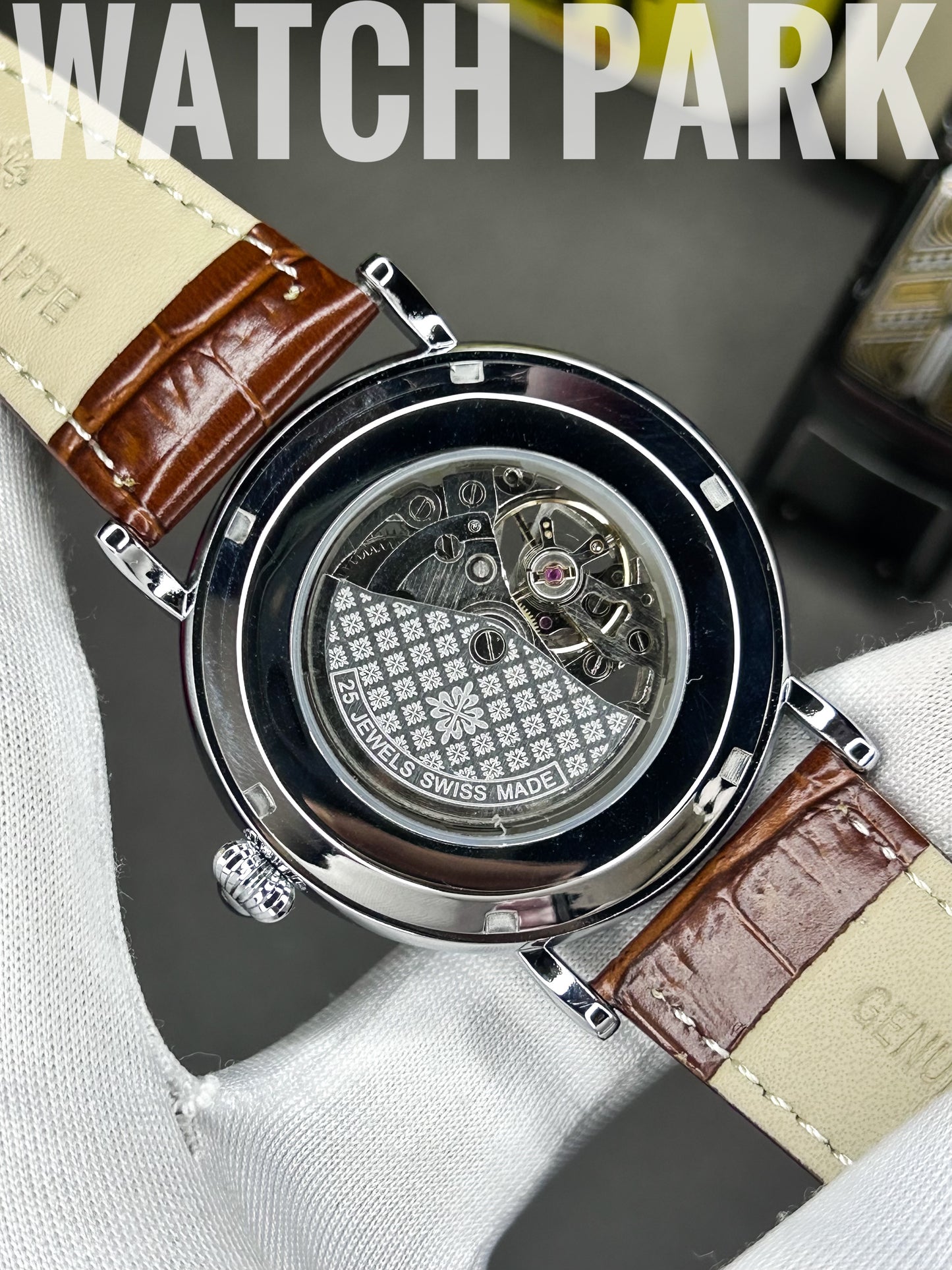 Executive watch - Patek - Automatic - Skeleton - White edition & Silver - Brown belt