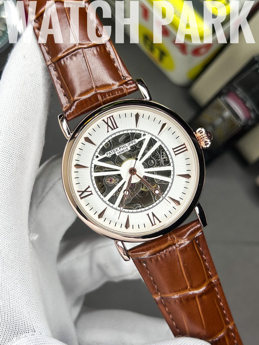 Executive watch - Patek - Automatic - Skeleton - White edition & Rose Gold - Brown belt