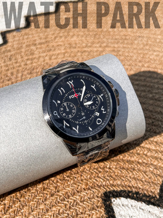 Elegant Watch - Fossil Arabic - Chronograph - Black dial Edition - Black chain