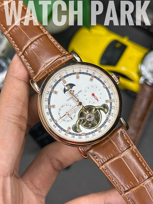 Rich Watch - Patek Philippe - Moonphase - White dial & Rose Gold - Brown belt