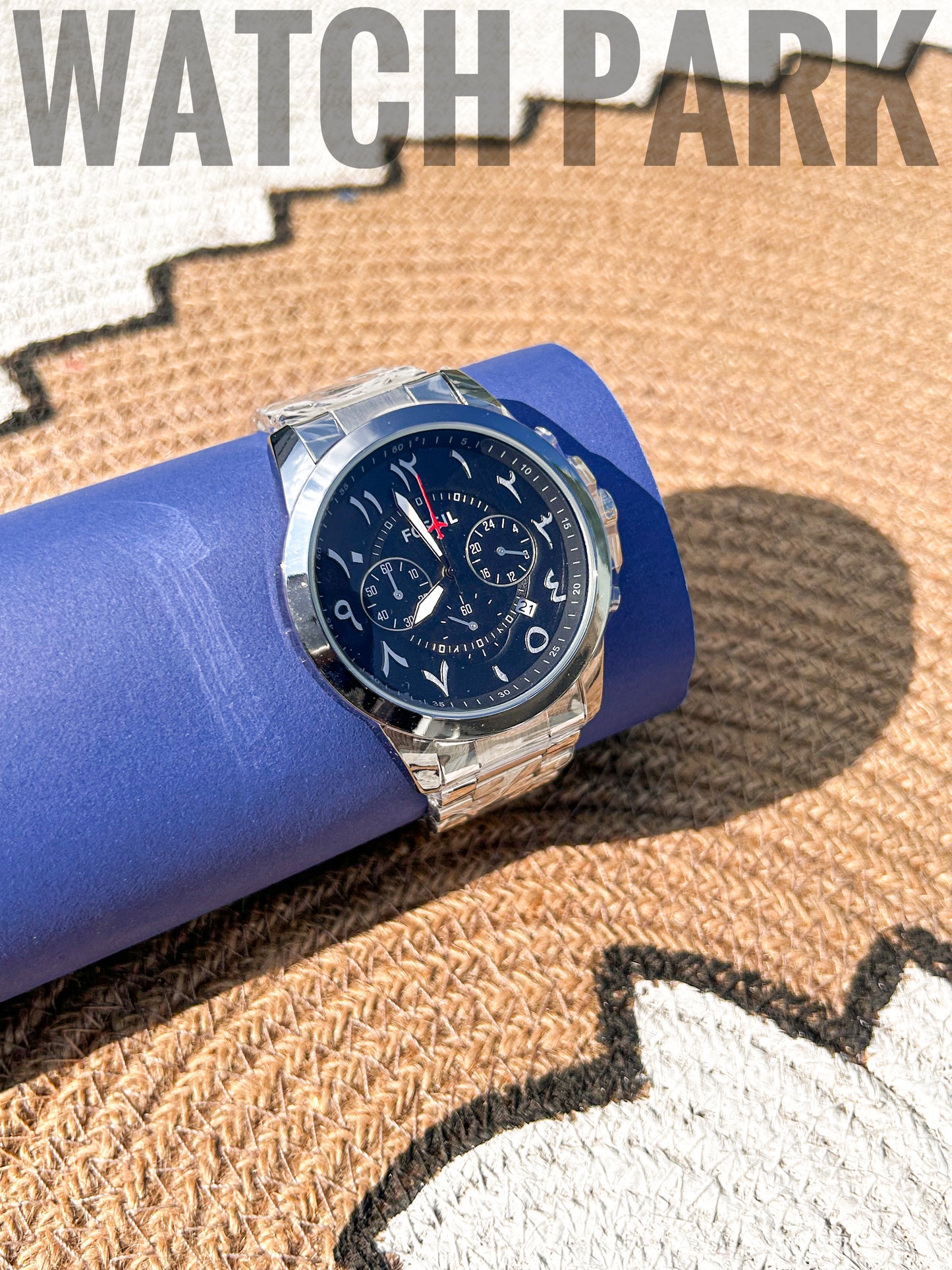 Elegant Watch - Fossil Arabic - Chronograph - Black dial Edition - Silver chain