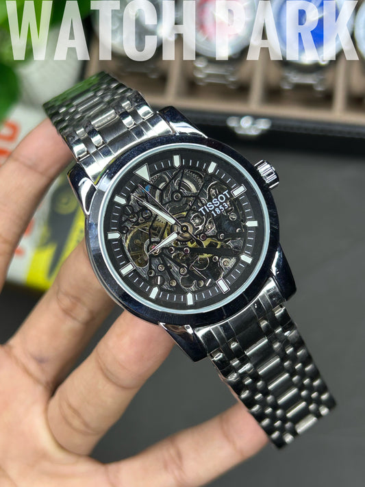 Rich watch - Tissot - Automatic - Black skeleton edition - Silver chain