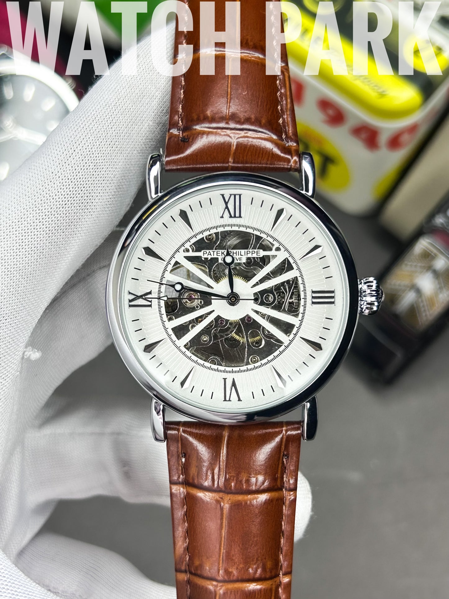 Executive watch - Patek - Automatic - Skeleton - White edition & Silver - Brown belt