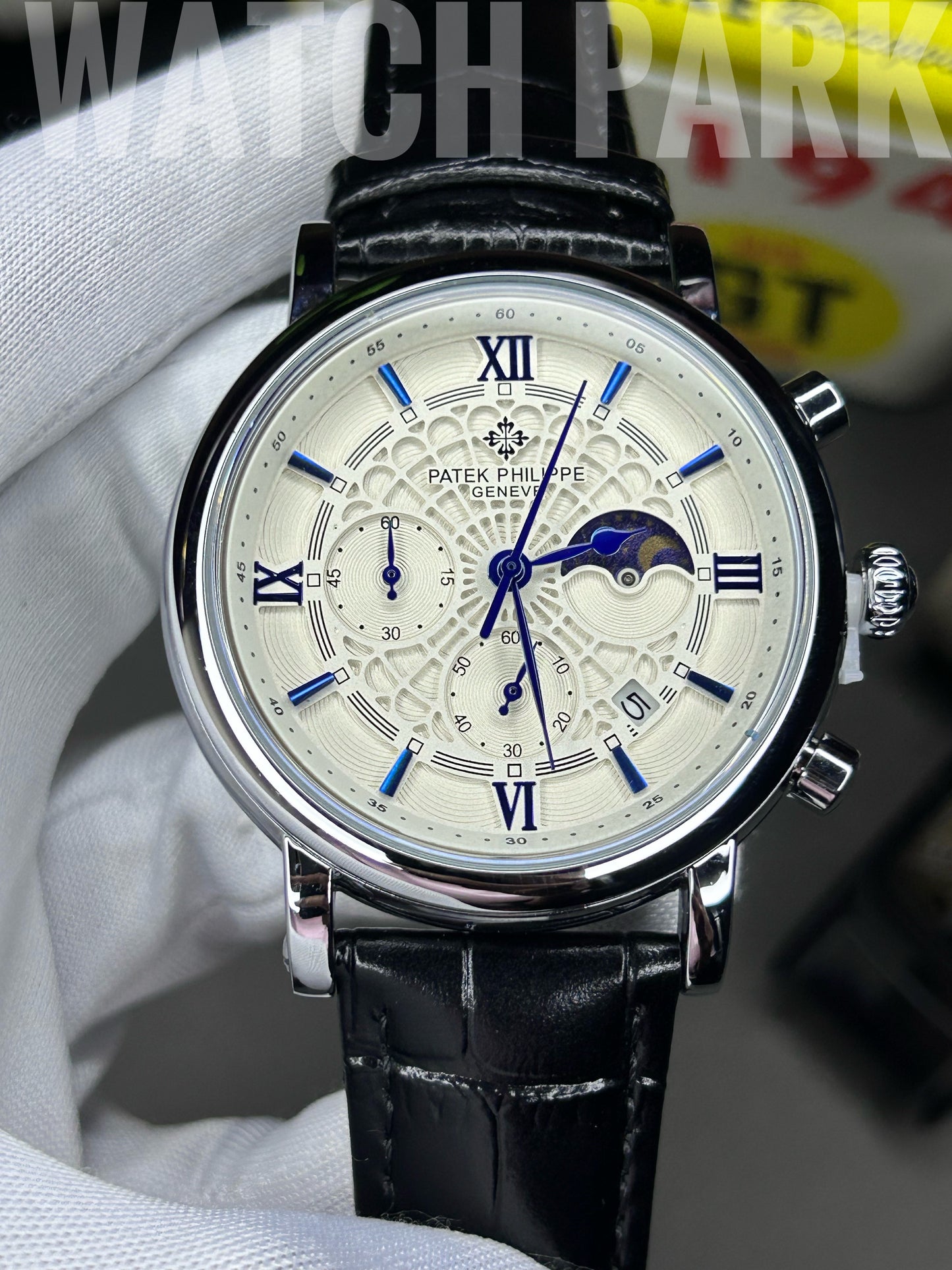 Patek - Chronograph - Moon Phase - White edition - Black belt
