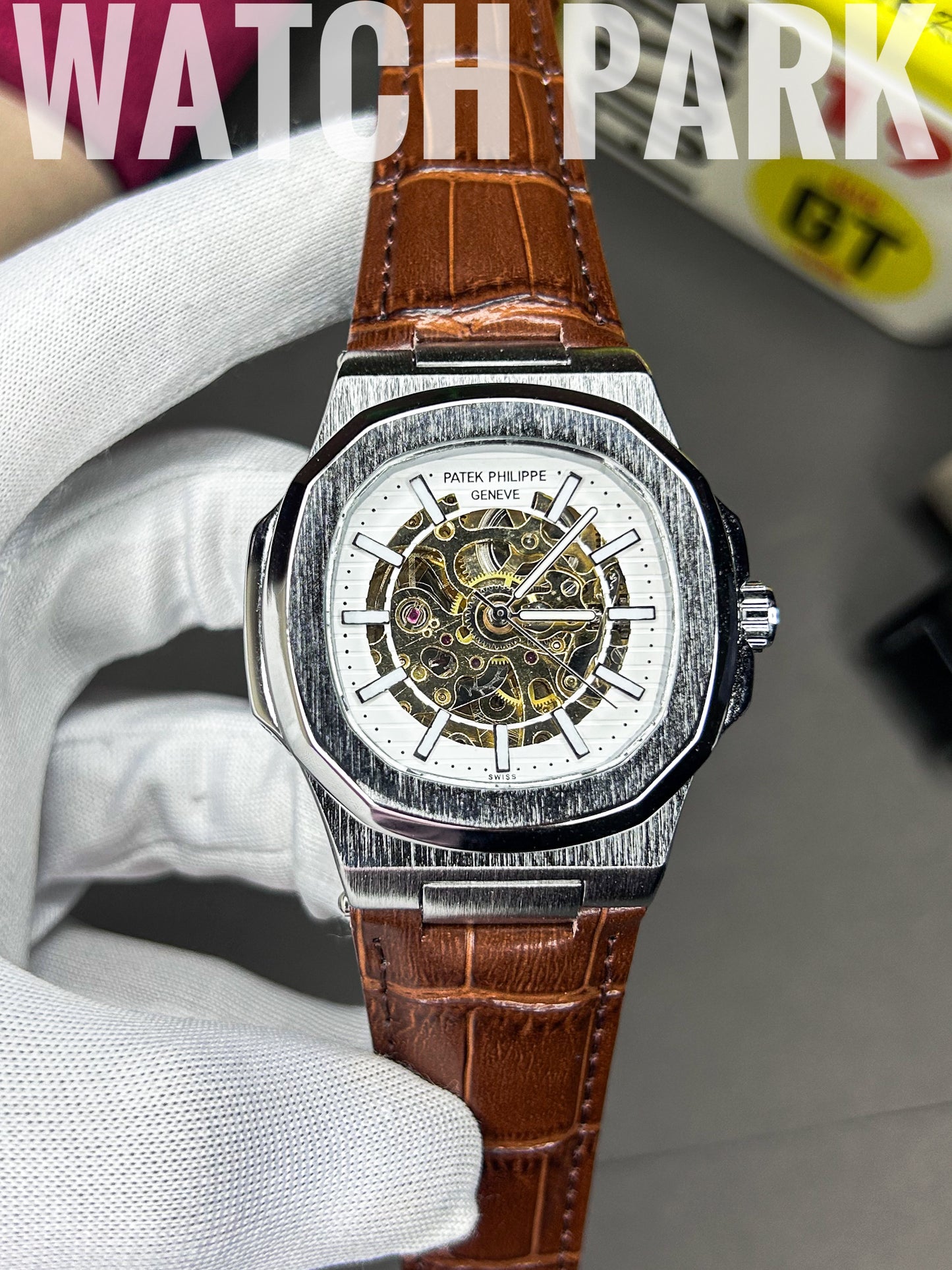 Patek Philippe - Skeleton Nautilus - White silver edition - Brown belt