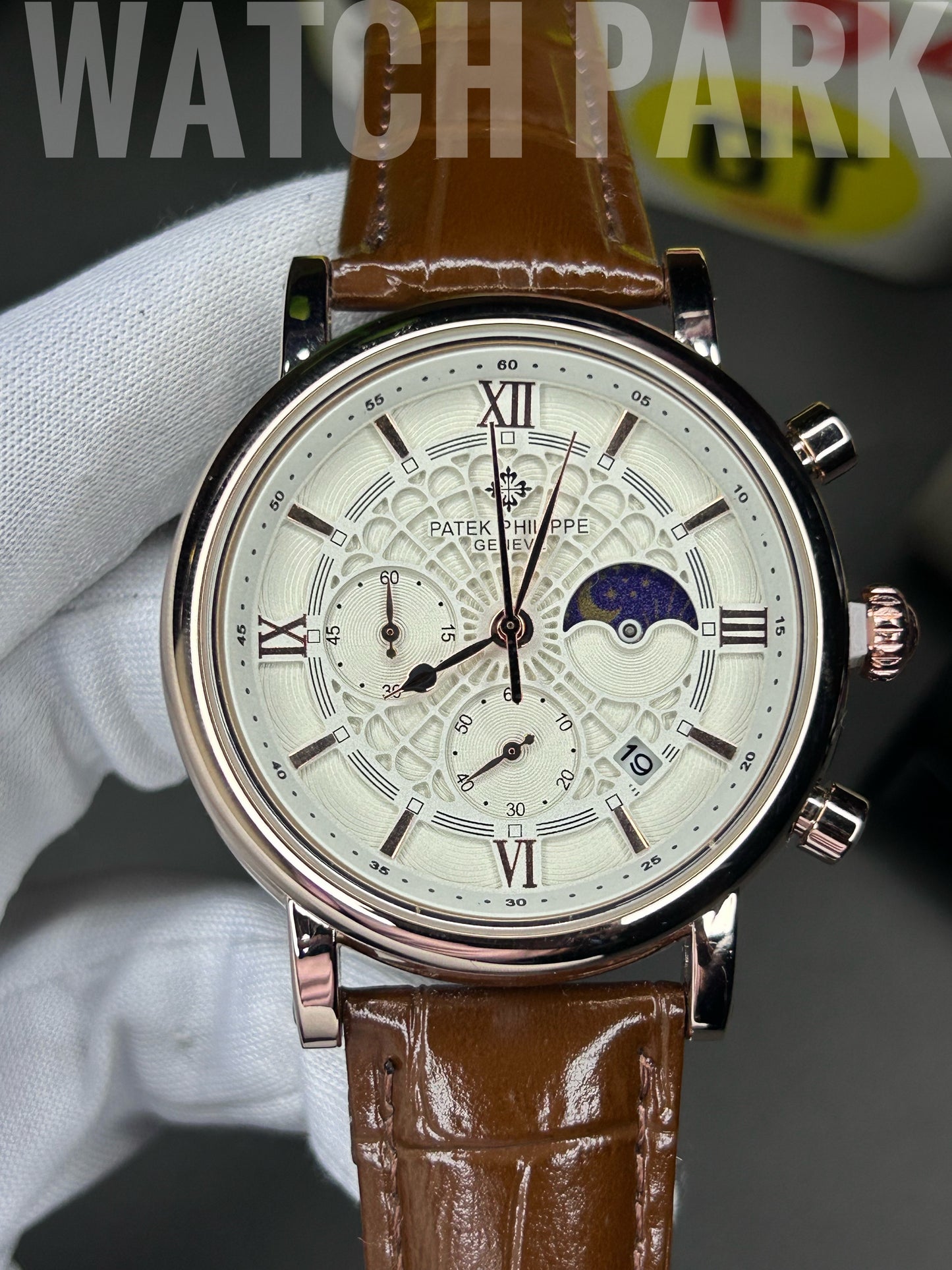 Patek - Chronograph - Moon Phase - White edition - Brown belt