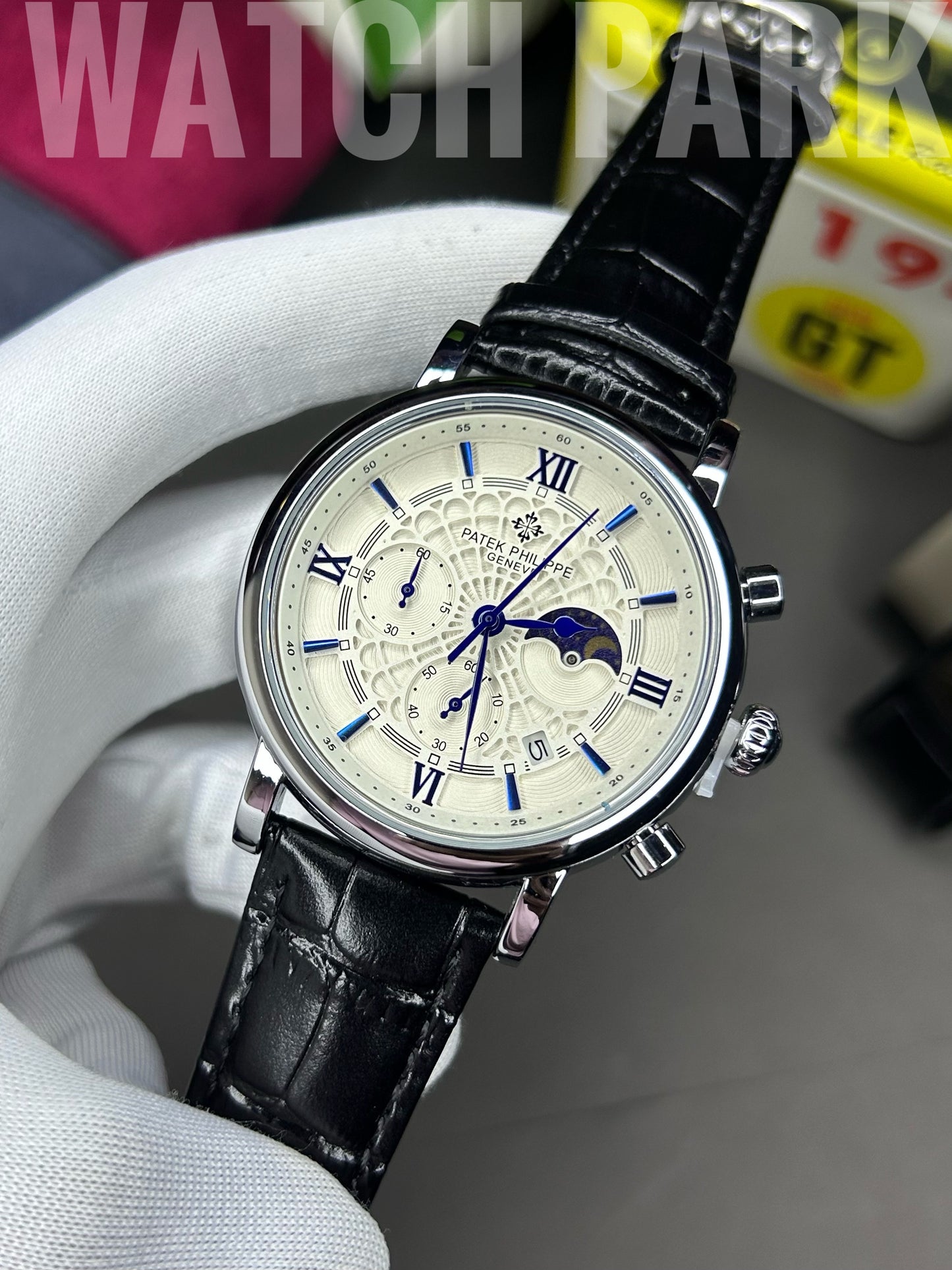 Patek - Chronograph - Moon Phase - White edition - Black belt