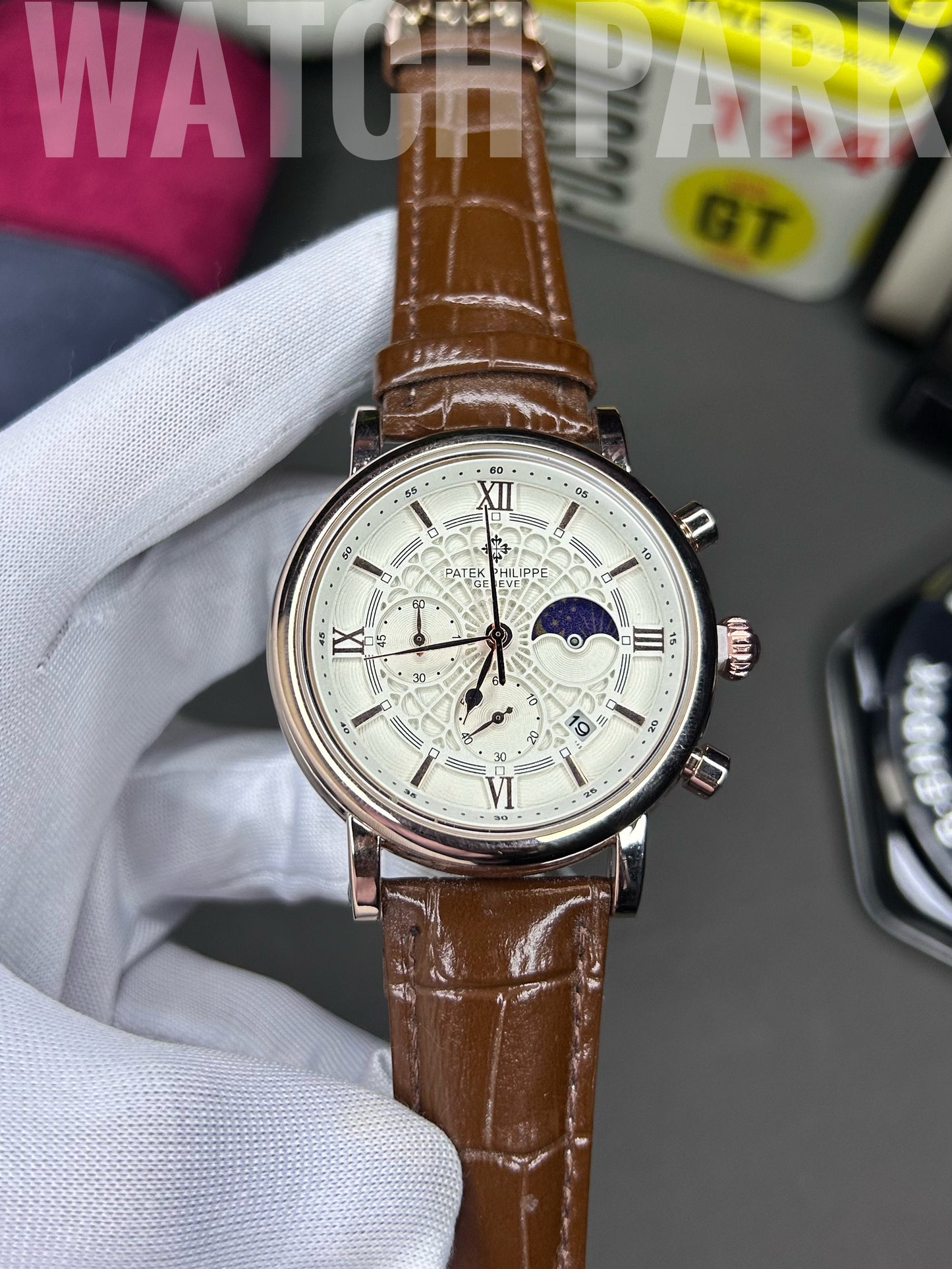 Patek - Chronograph - Moon Phase - White edition - Brown belt