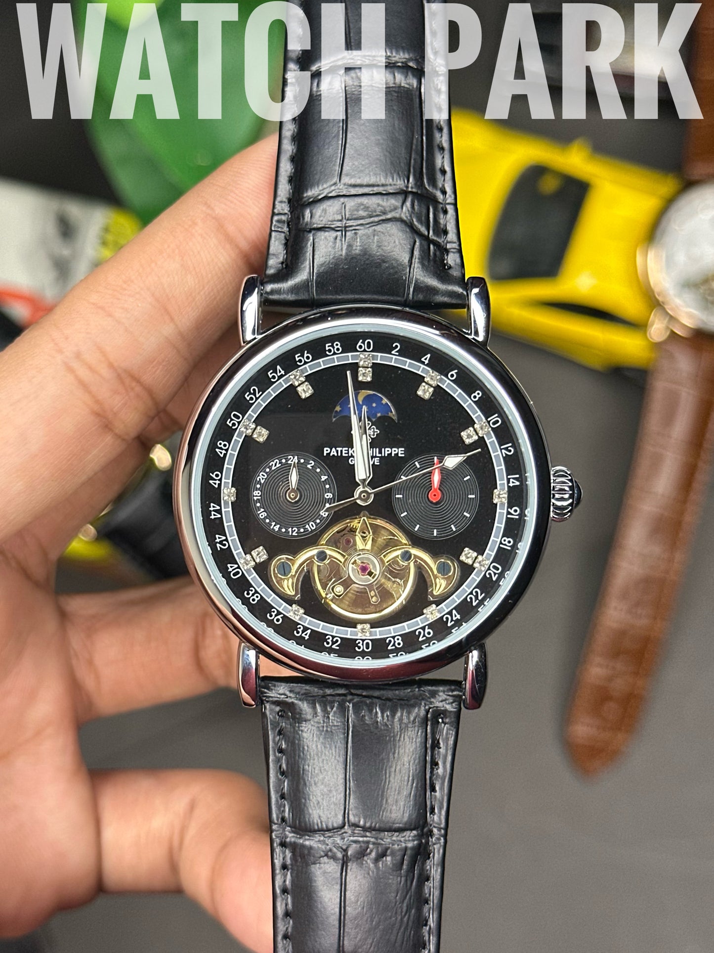 Rich Watch - Patek Philippe - Moonphase - Black dial & Silver - Black belt