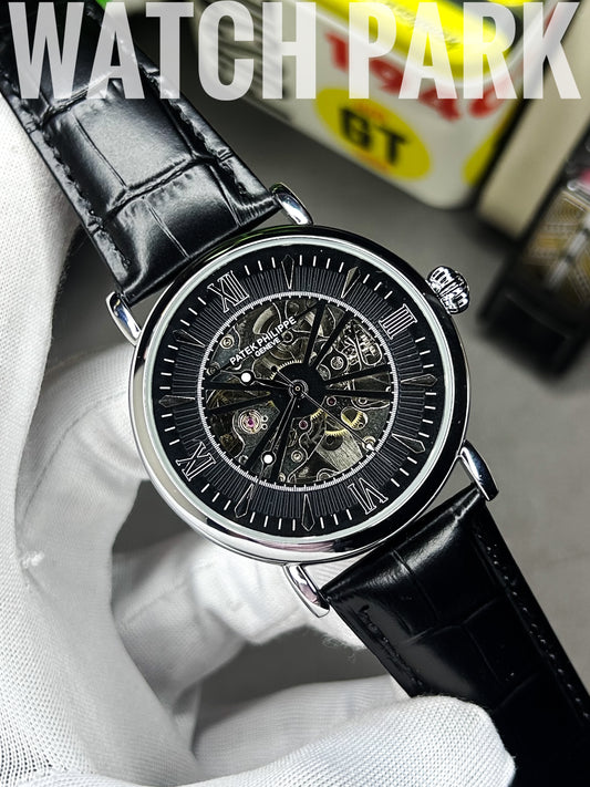 Executive watch - Patek - Automatic - Skeleton - Black edition & Silver - Black belt