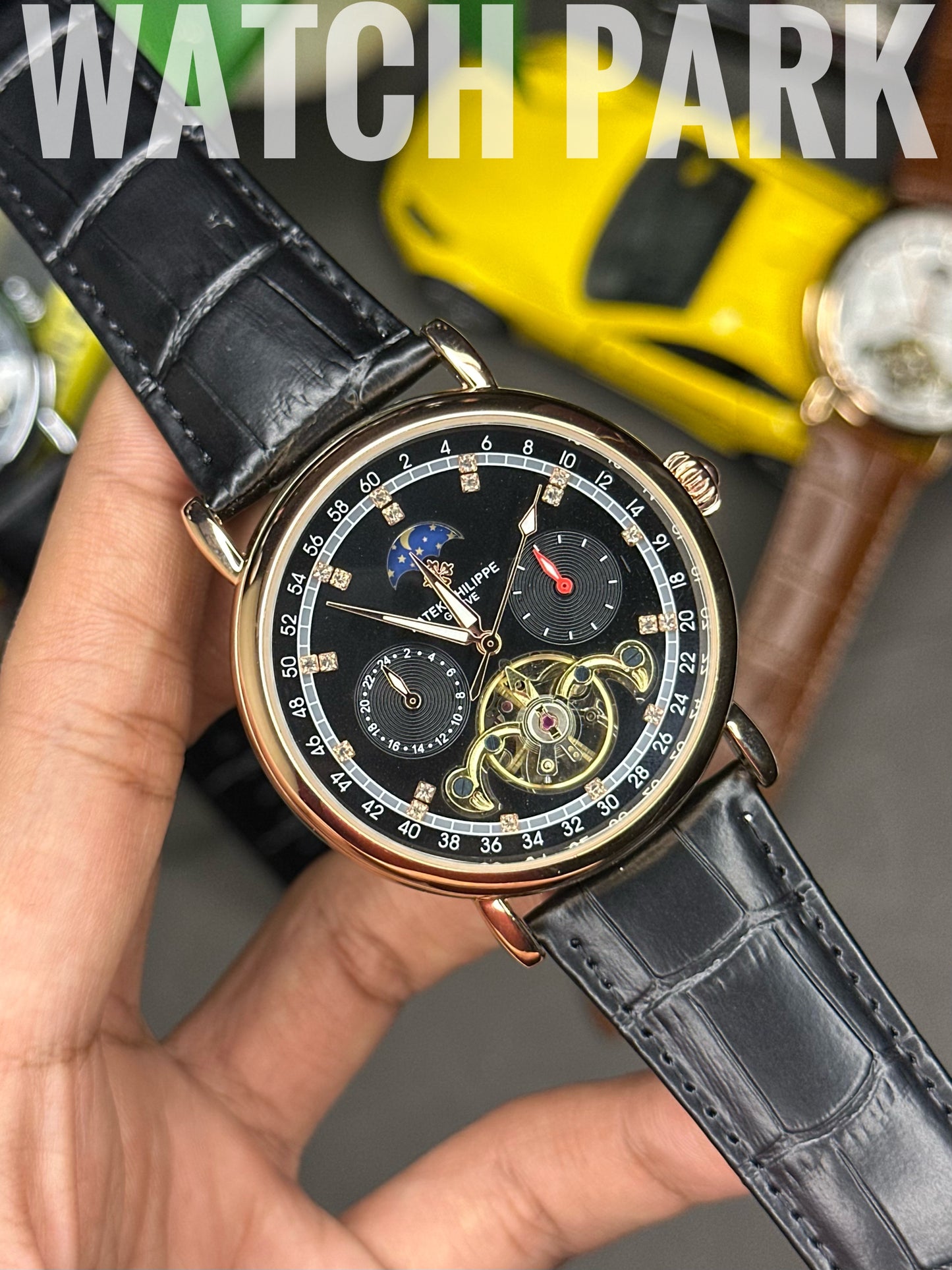 Rich Watch - Patek Philippe - Moonphase - Black dial & Rose Gold - Black belt