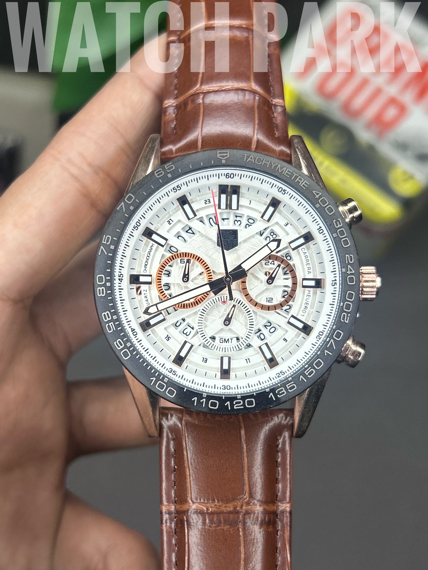 TAG Heuer Carrera Chronograph - White dial - Rose Gold sub dial - Brown belt