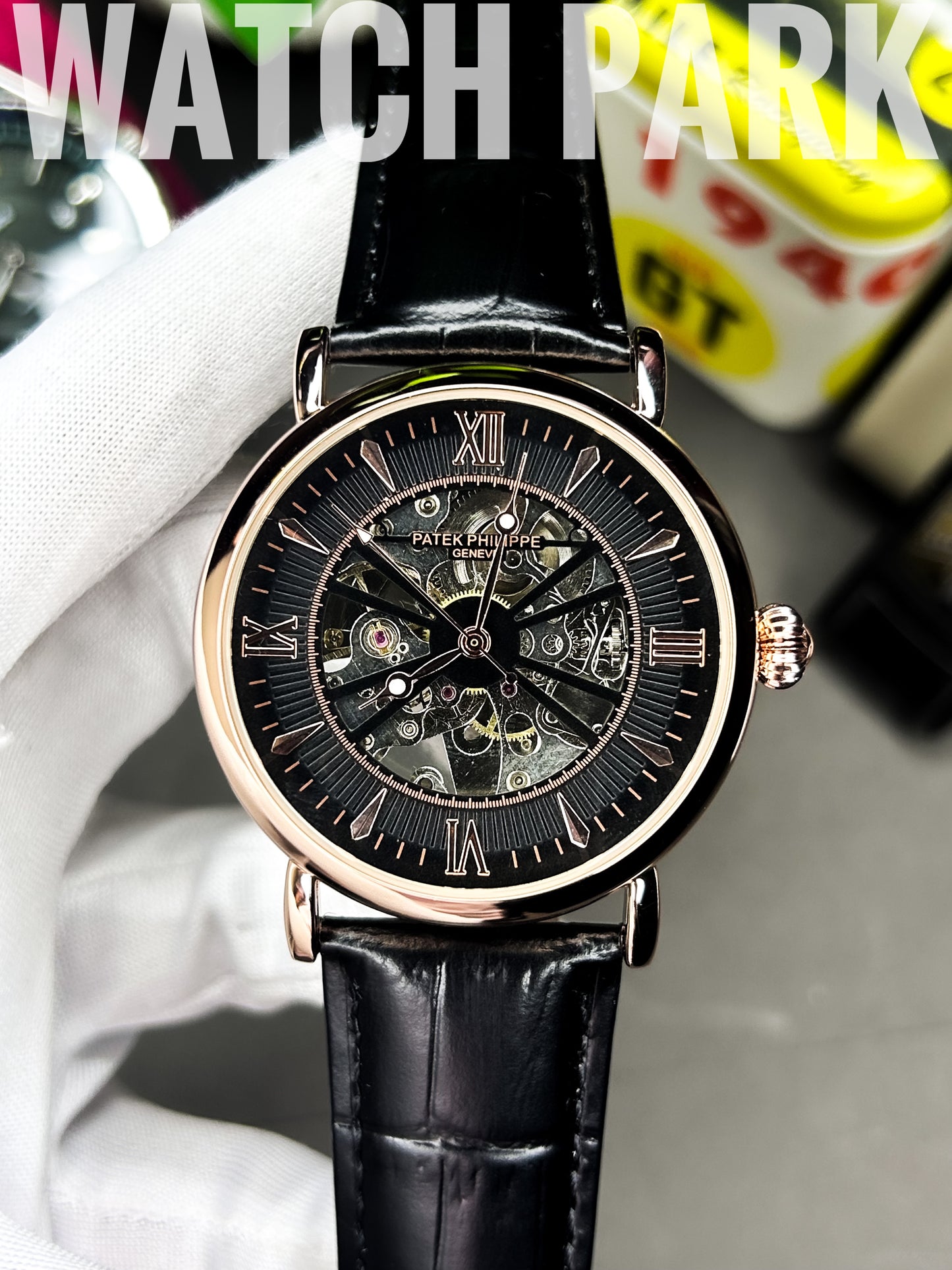 Executive watch - Patek - Automatic - Skeleton - Black edition & Rose Gold - Black belt