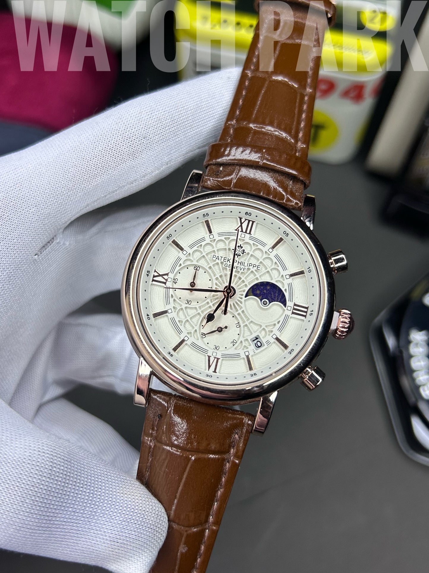 Patek - Chronograph - Moon Phase - White edition - Brown belt