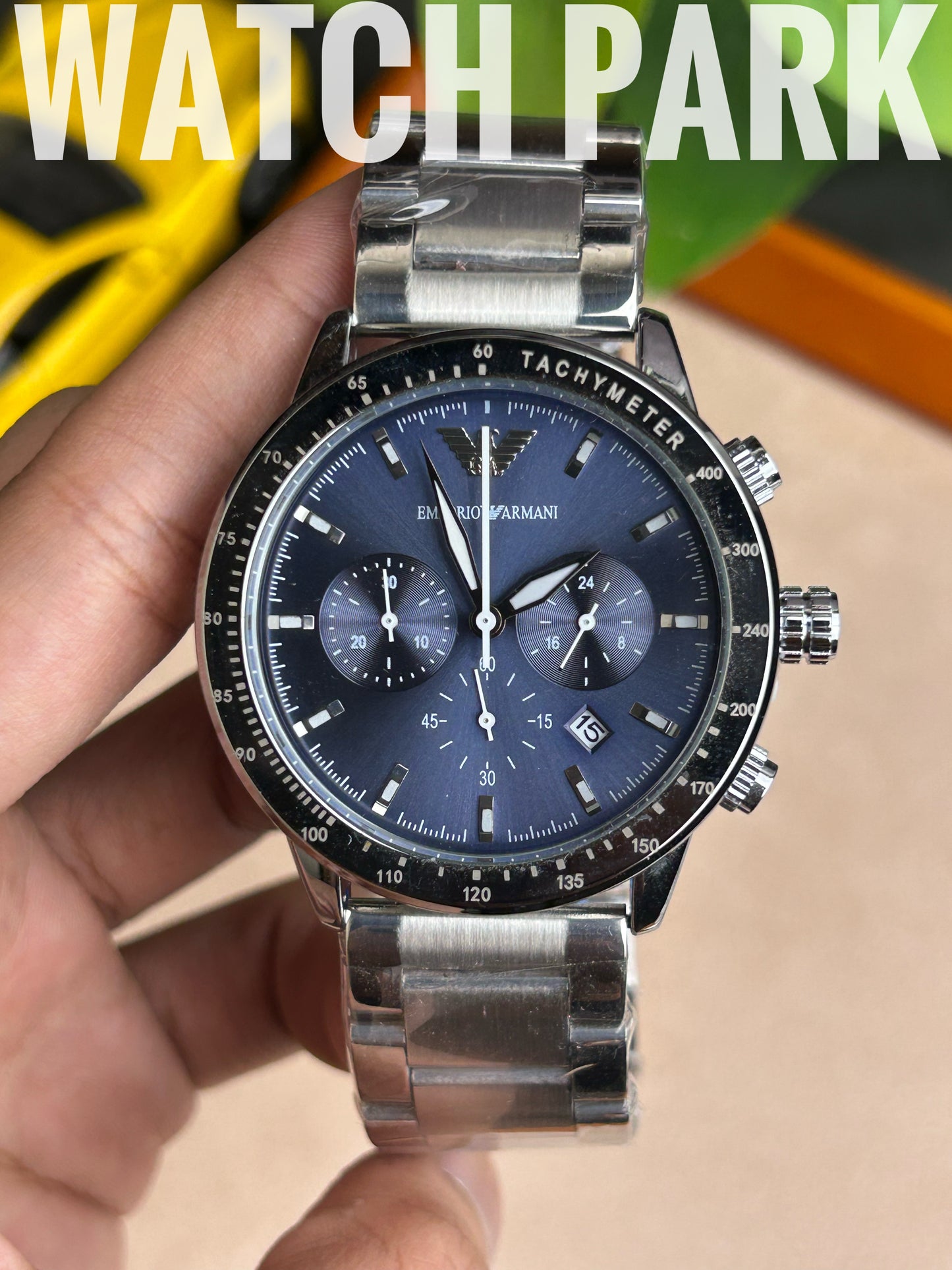 Emporio Armani - Navy Blue dial - Silver chain - Chronograph