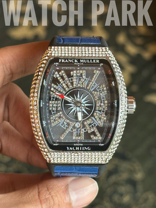 Franck Muller Vanguard Yachting - Diamond Encrusted - Blue strap - Silver stone
