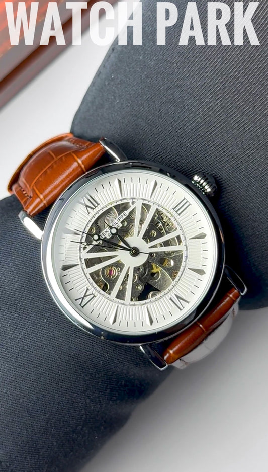 Patek - Skeleton - White edition & Silver - Brown belt - Automatic