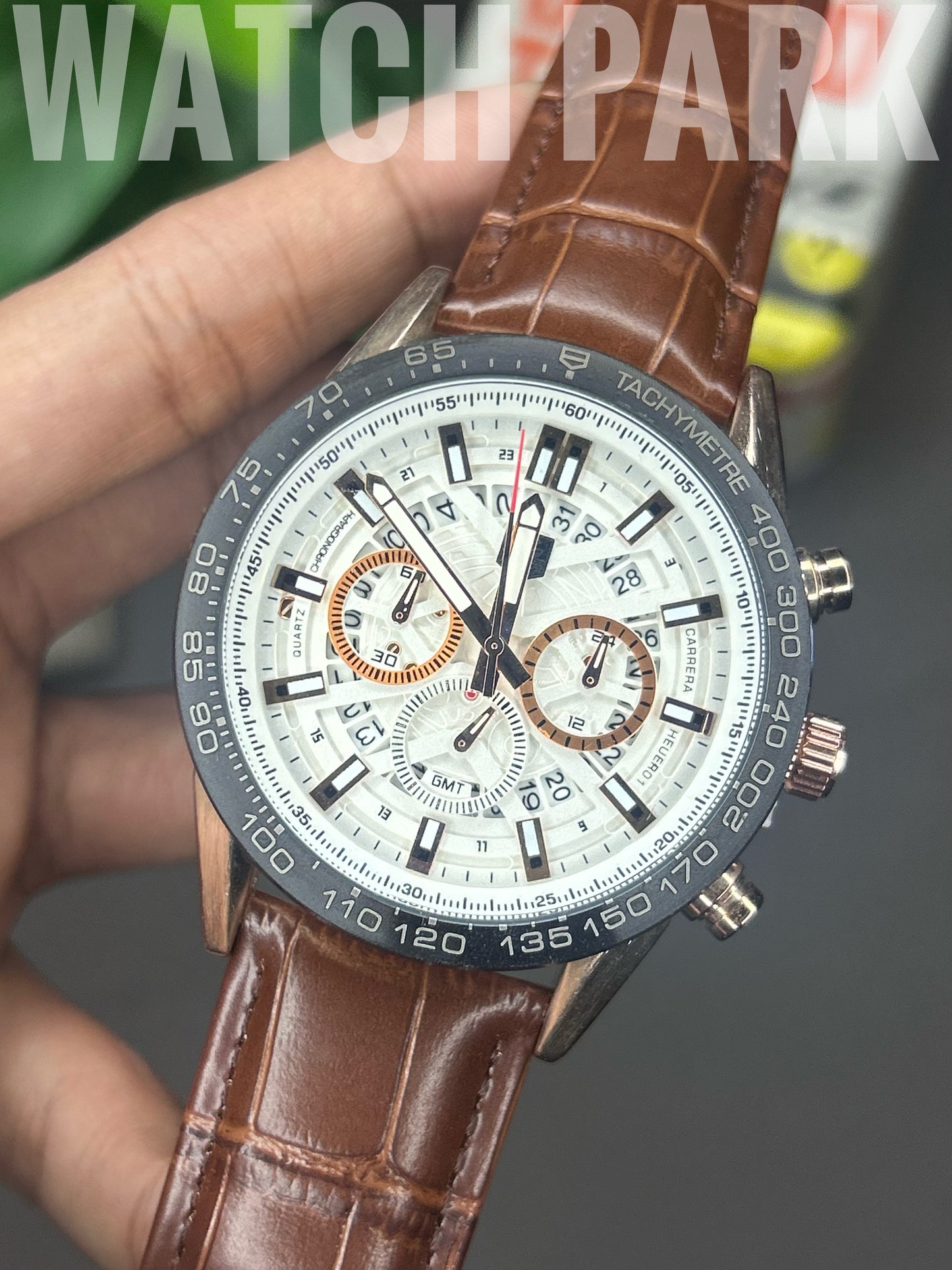 TAG Heuer Carrera Chronograph - White dial - Rose Gold sub dial - Brown belt