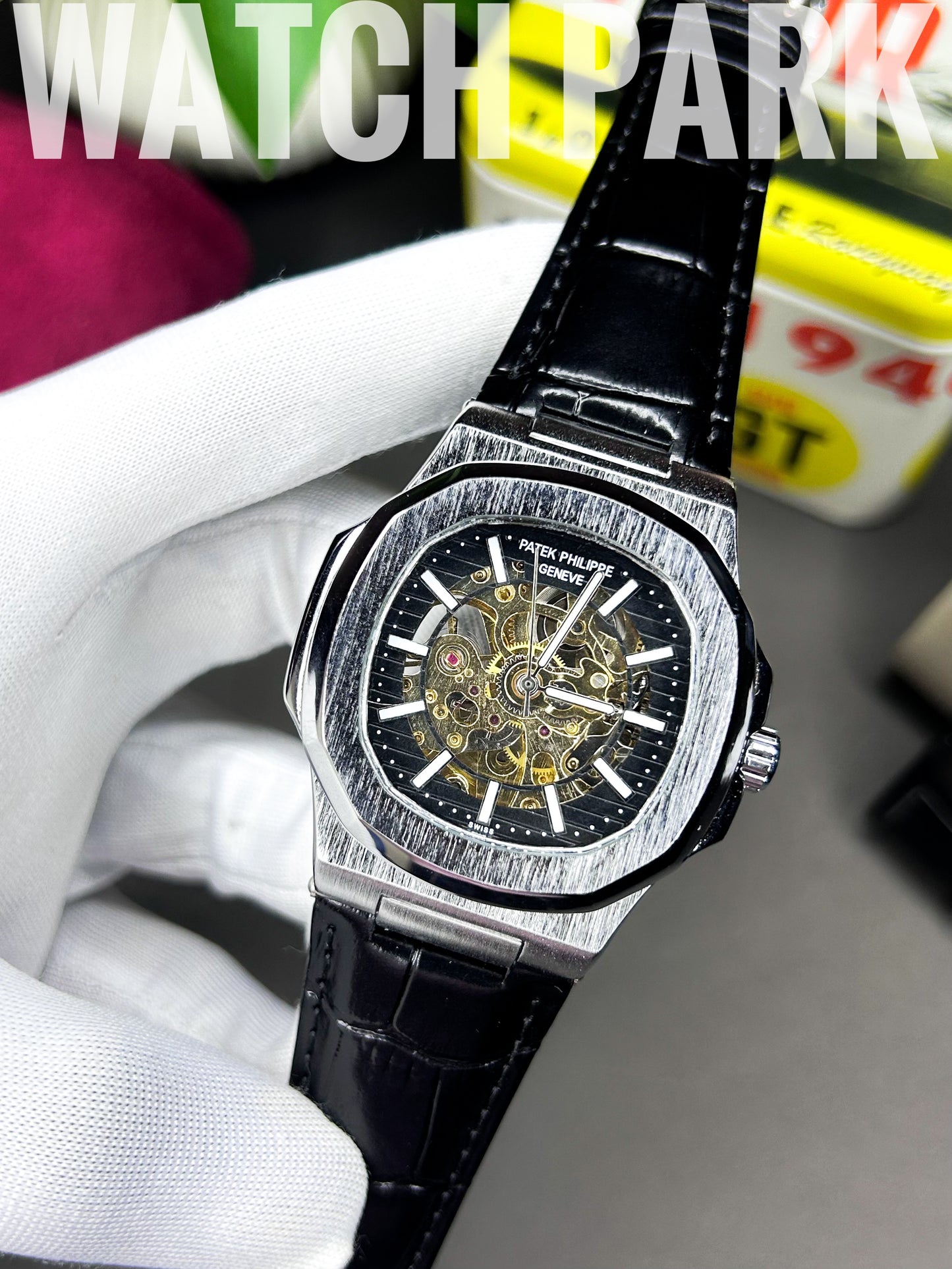 Patek Philippe - Skeleton Nautilus -  Black silver edition - Brown belt