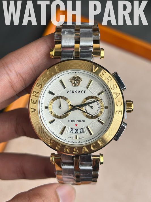 Versace V-Race - White with Gold edition - Two tone chain - Chronograph