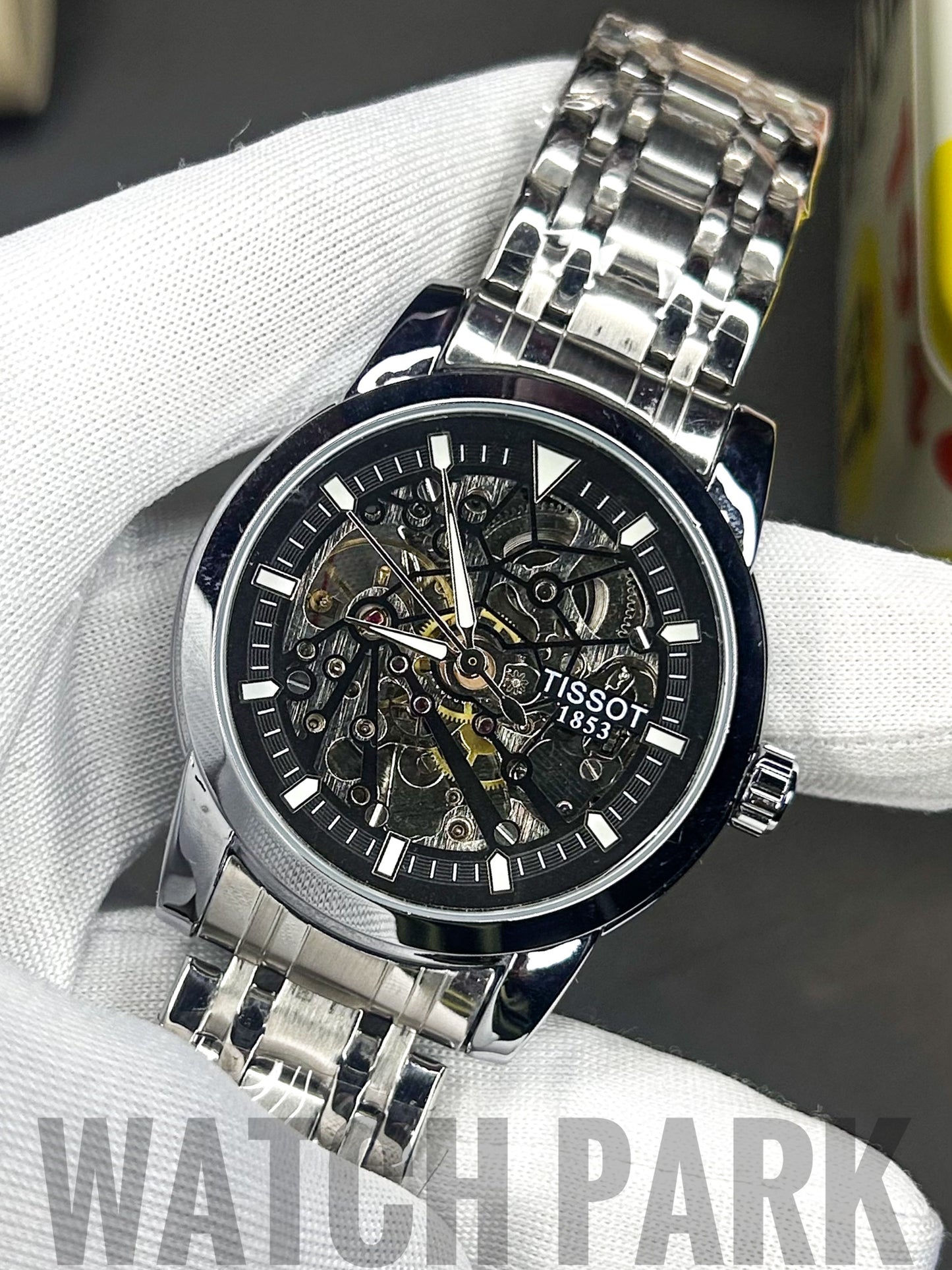 Rich watch - Tissot - Automatic - Black skeleton edition - Silver chain
