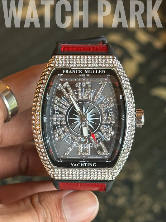 Franck Muller Vanguard Yachting - Diamond Encrusted - Red strap - Silver stone