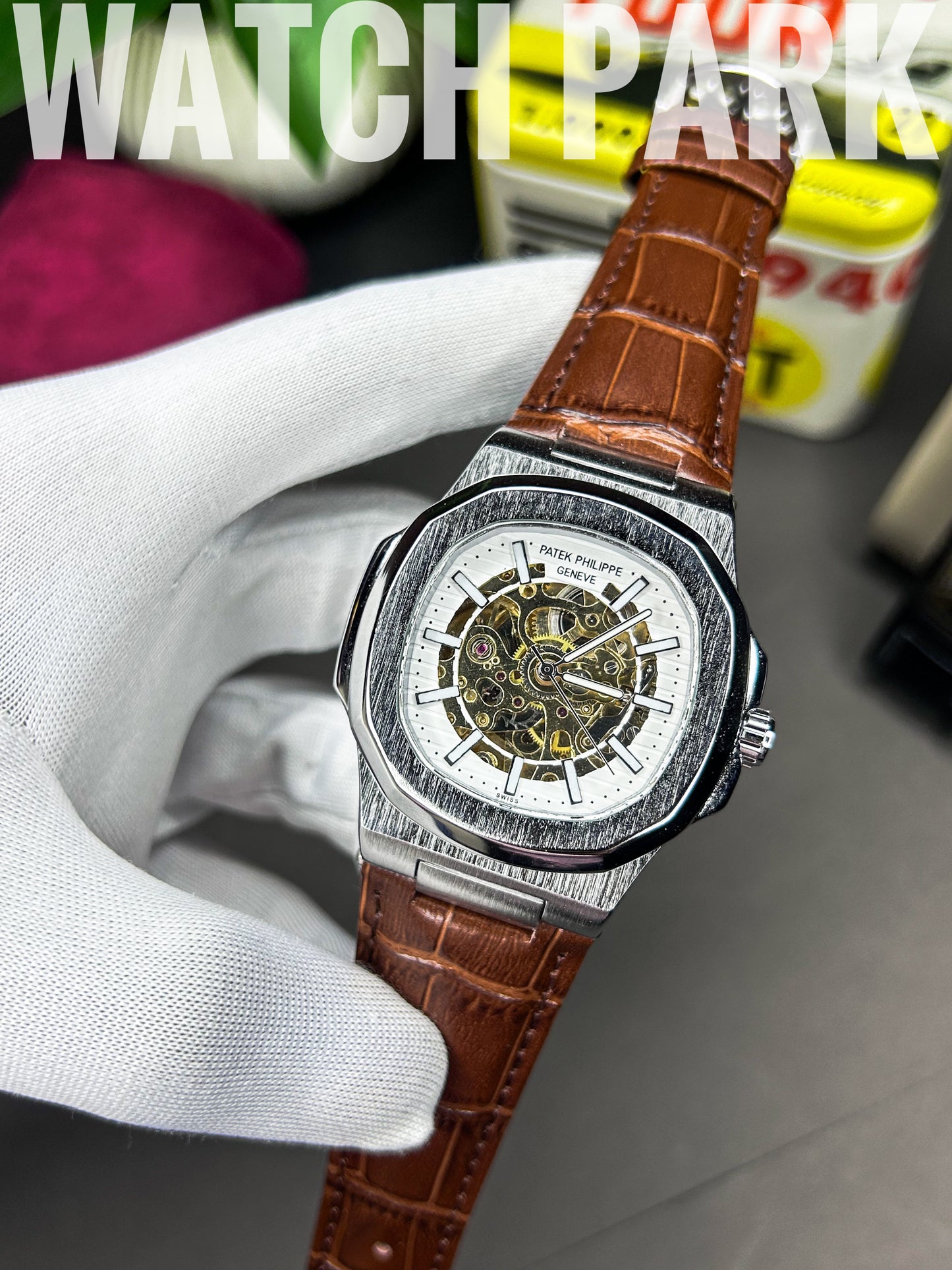 Patek Philippe - Skeleton Nautilus - White silver edition - Brown belt