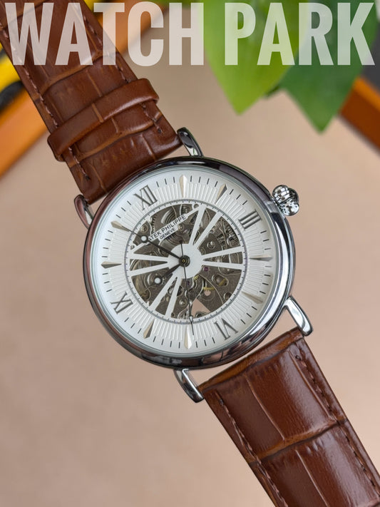Patek - Skeleton - White edition & Silver - Brown belt - Automatic