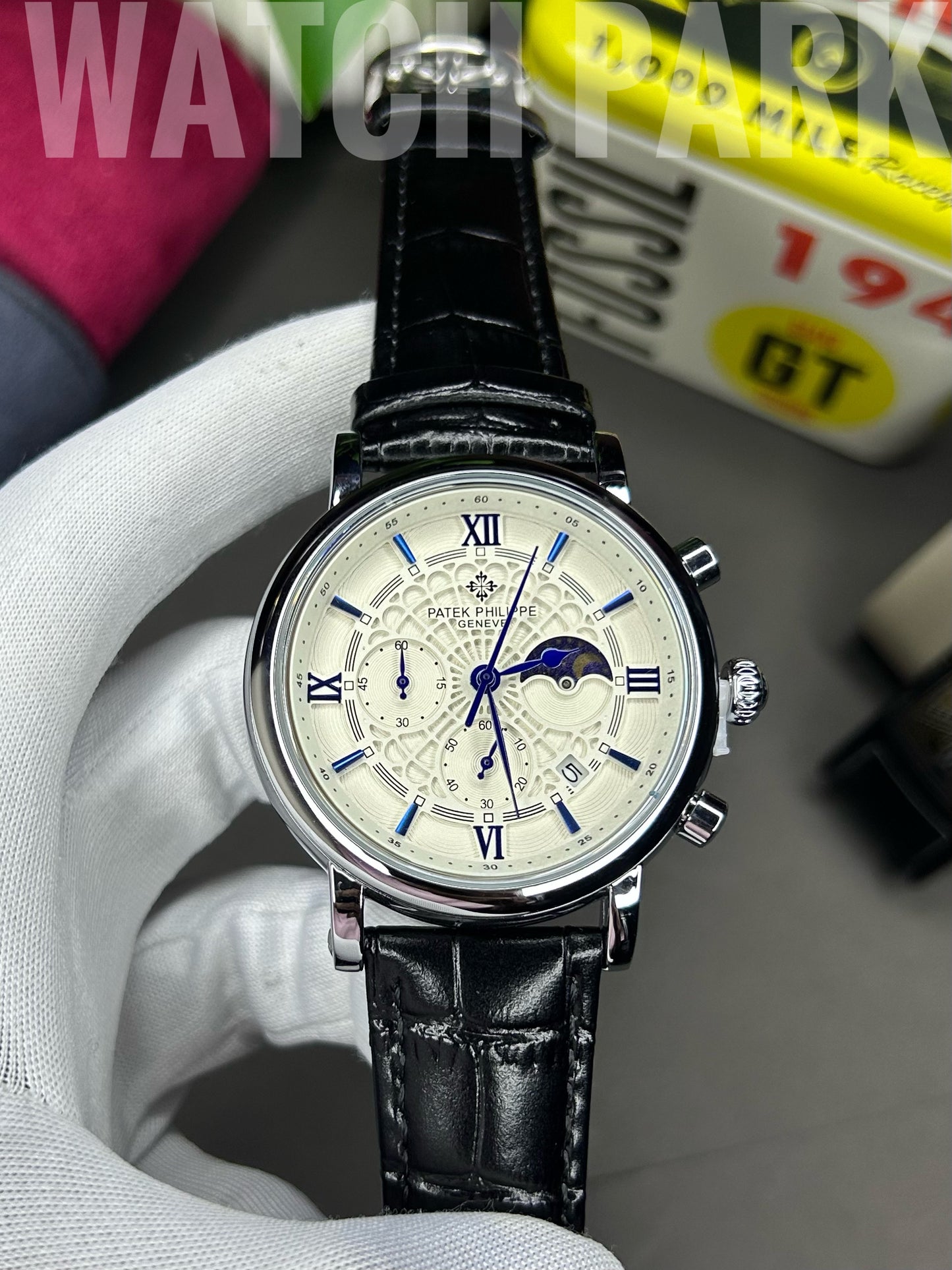 Patek - Chronograph - Moon Phase - White edition - Black belt