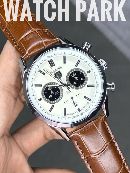 TAG Heuer Carrera - White with Silver (Black sub dial) - Brown belt