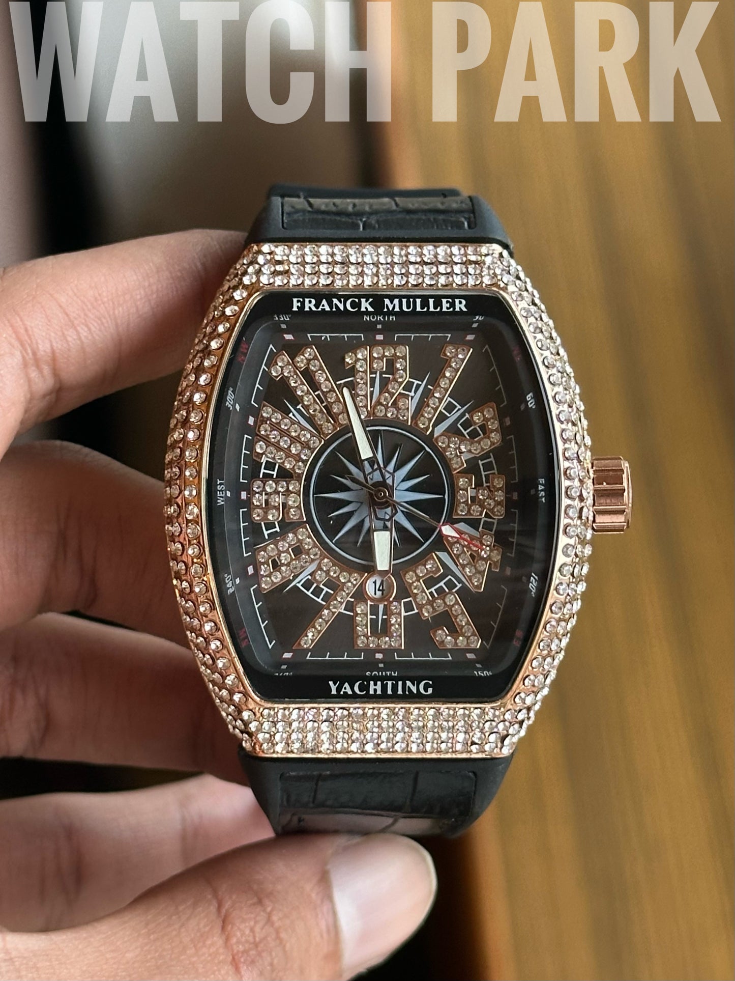 Franck Muller Vanguard Yachting - Diamond Encrusted - Black strap - Rose gold stone