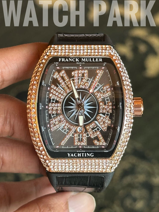 Franck Muller Vanguard Yachting - Diamond Encrusted - Black strap - Rose gold stone