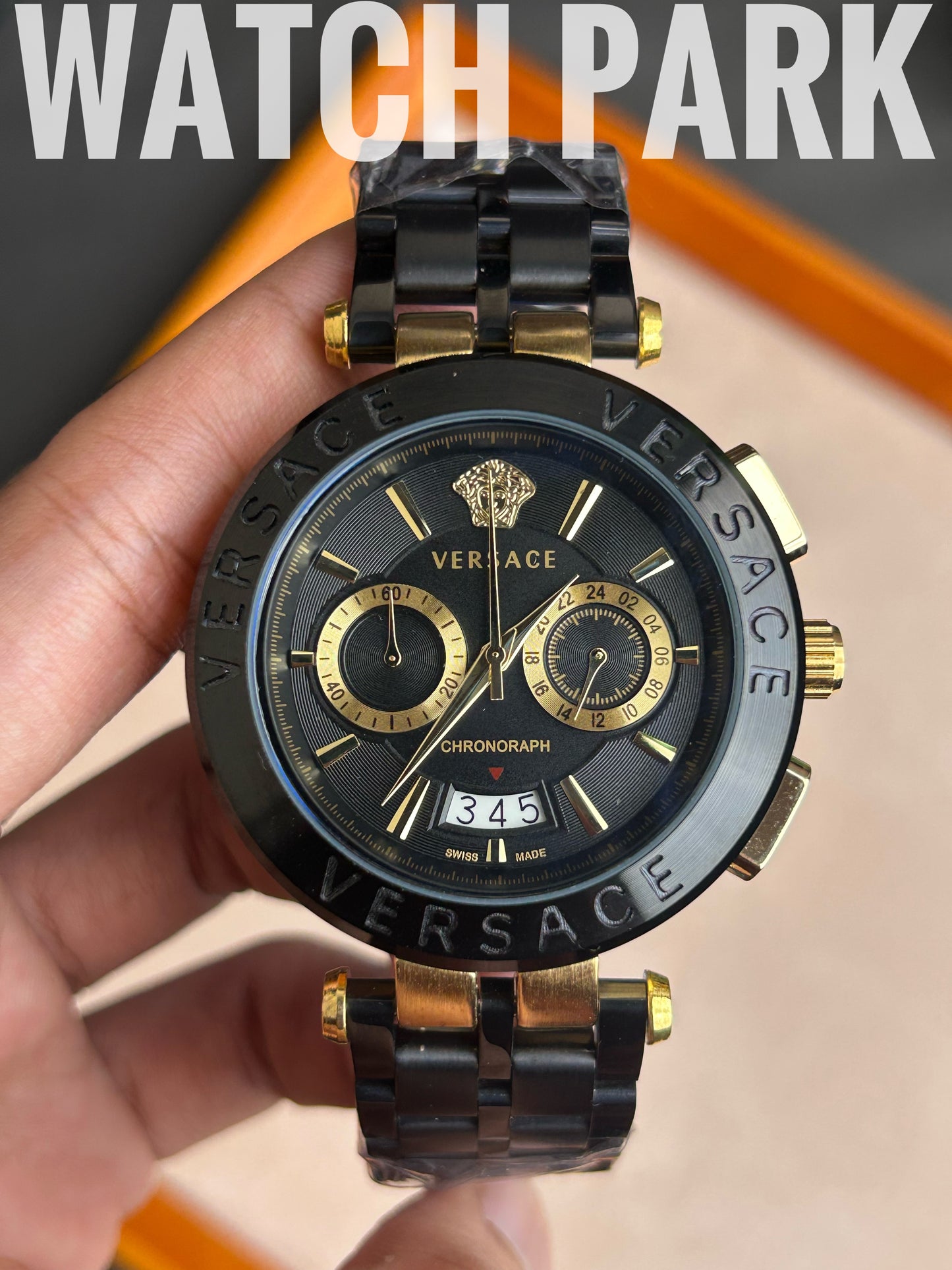 Versace V-Race - Black with Gold edition - Black chain - Chronograph