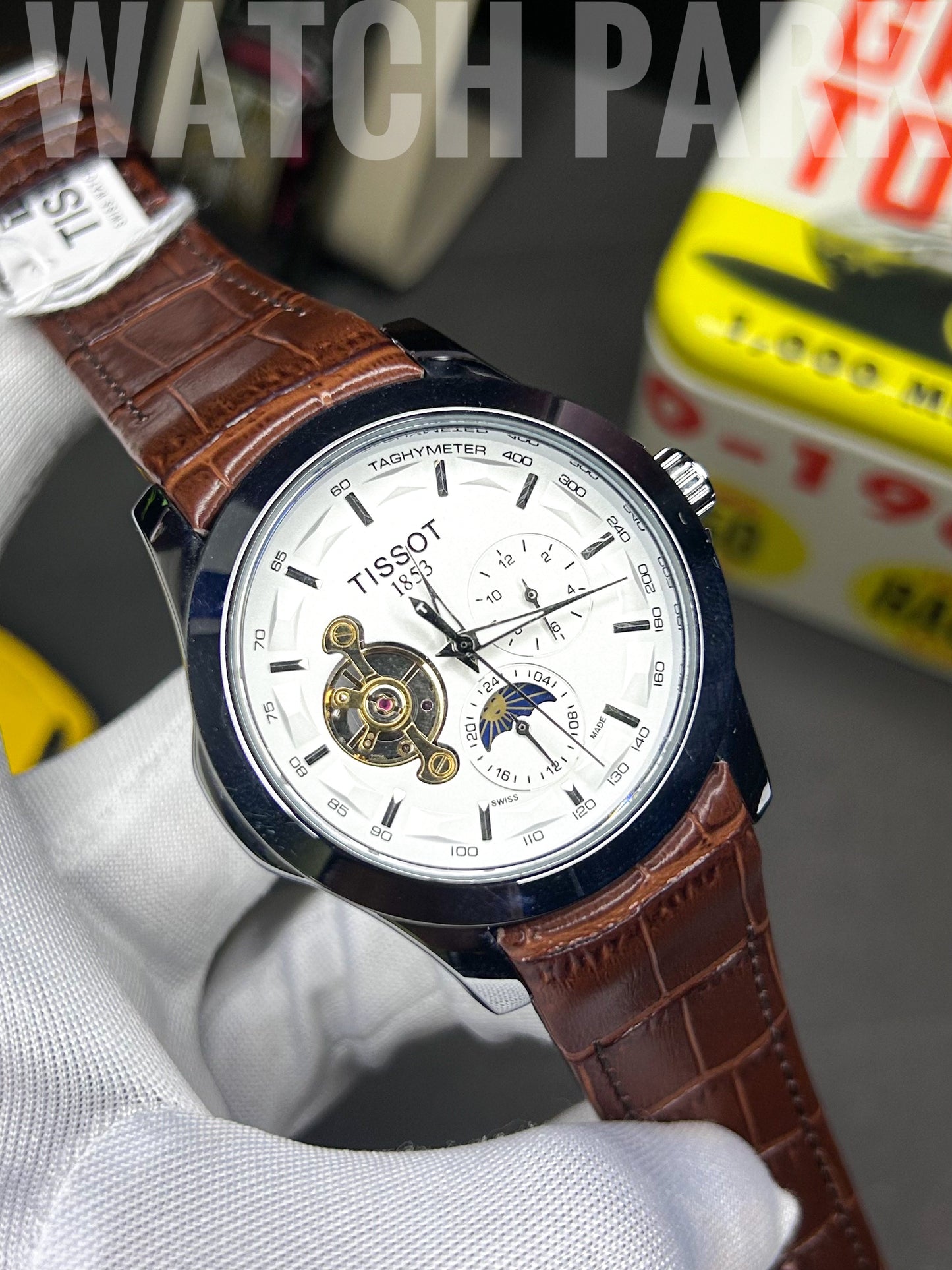 Executive watch - Tissot - White edition - Automatic skeleton - Brown belt