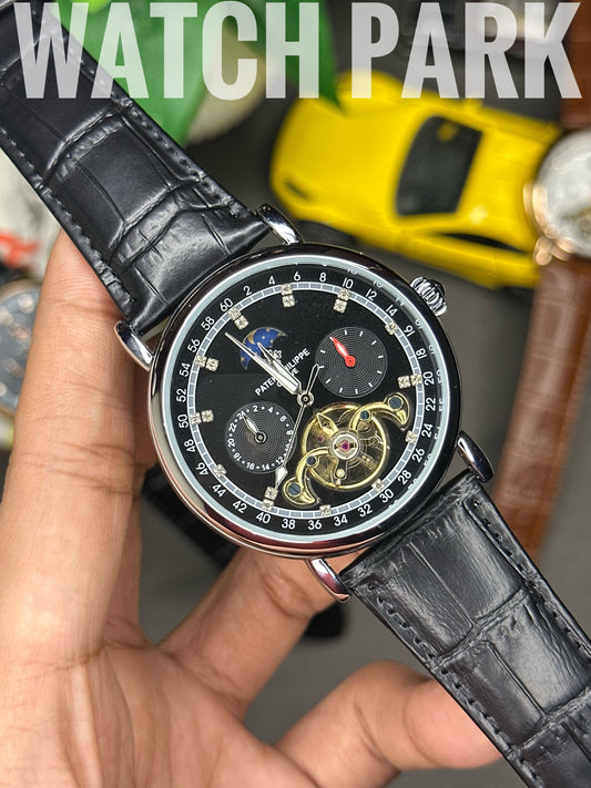 Rich Watch - Patek Philippe - Moonphase - Black dial & Silver - Black belt